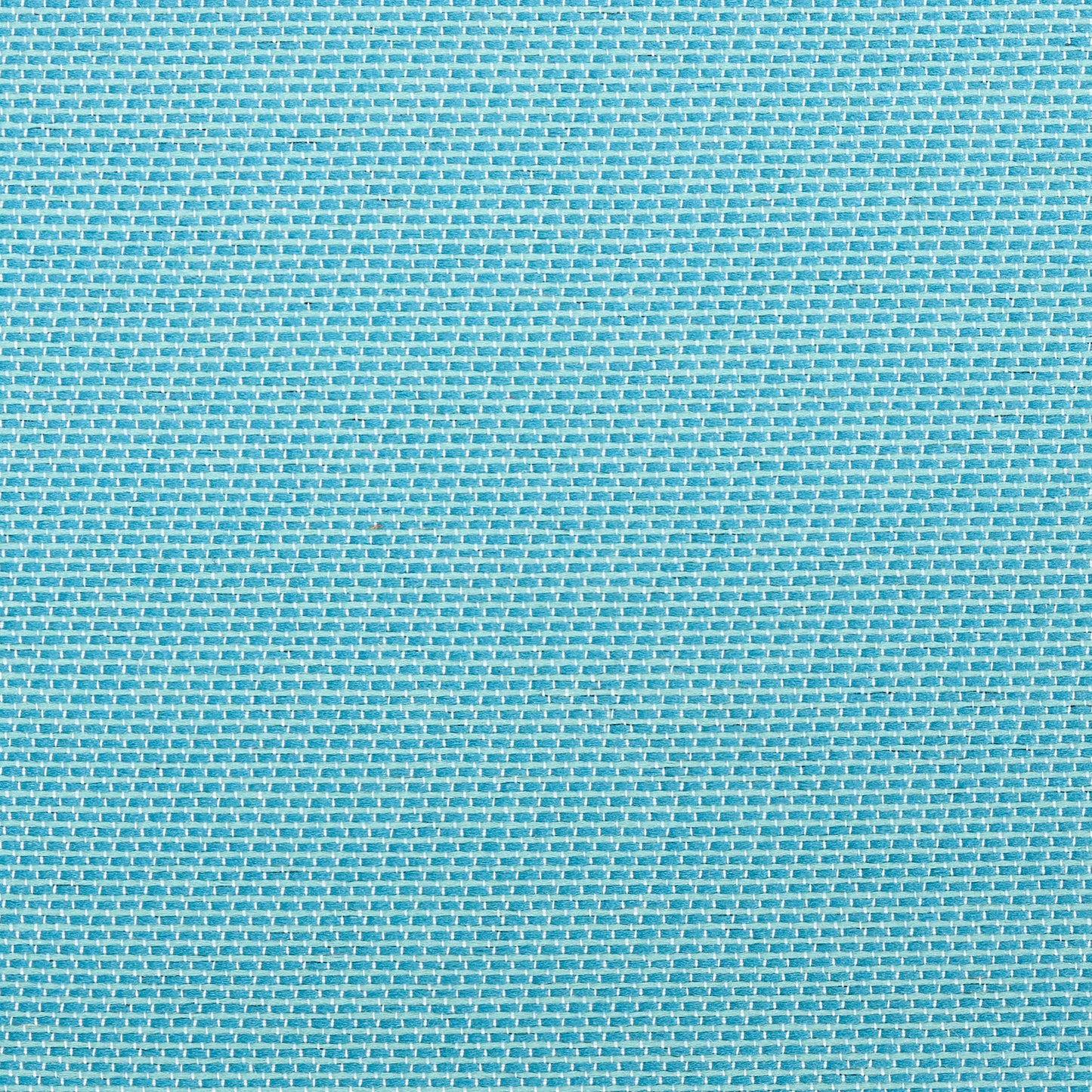 Close-up of turquoise blue woven fabric with white threads forming a fine grid texture; durable canvas upholstery or outdoor material.