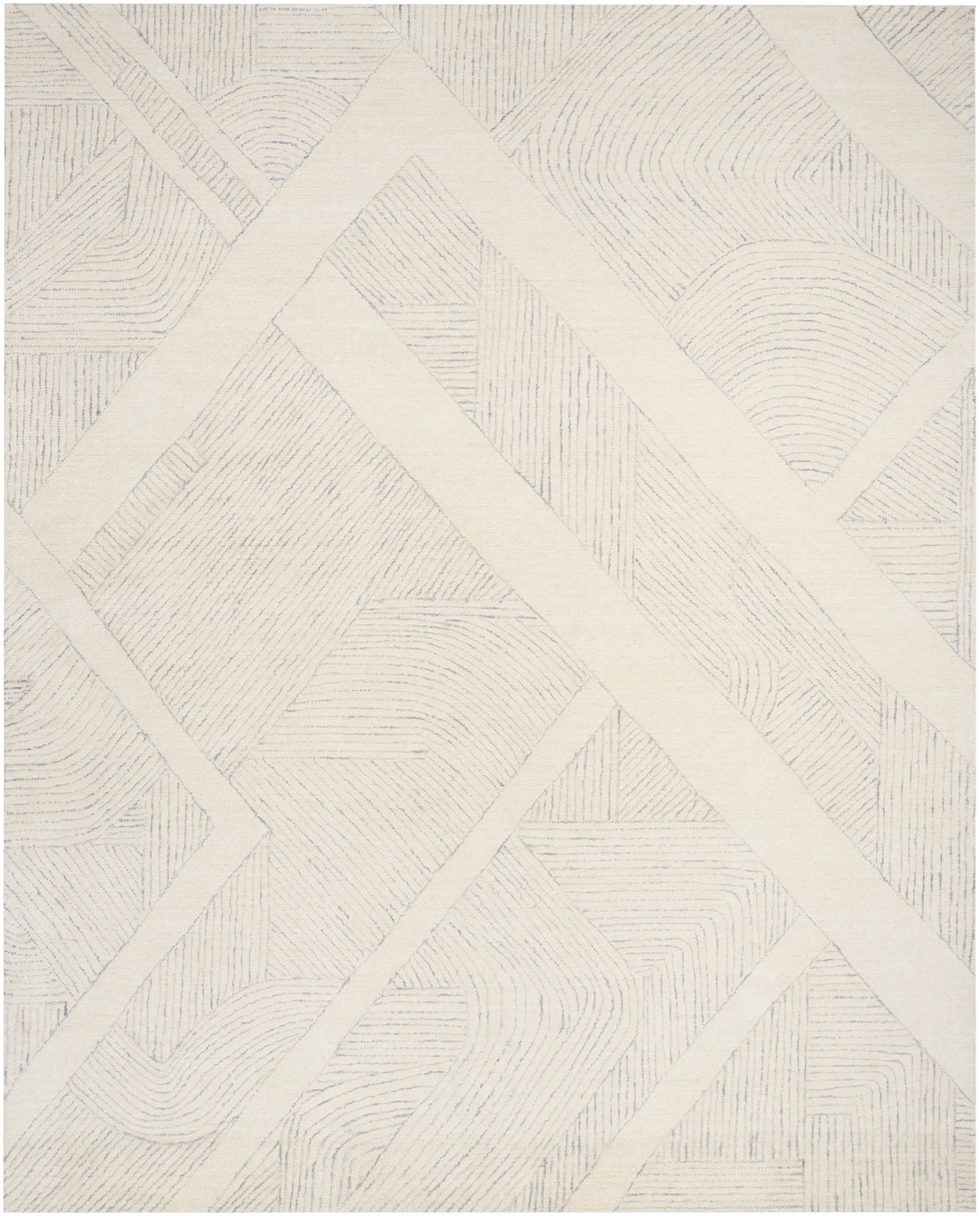 Cream flat-weave rug with pale blue-gray geometric blocks and diagonal bands for a modern minimalist living room.