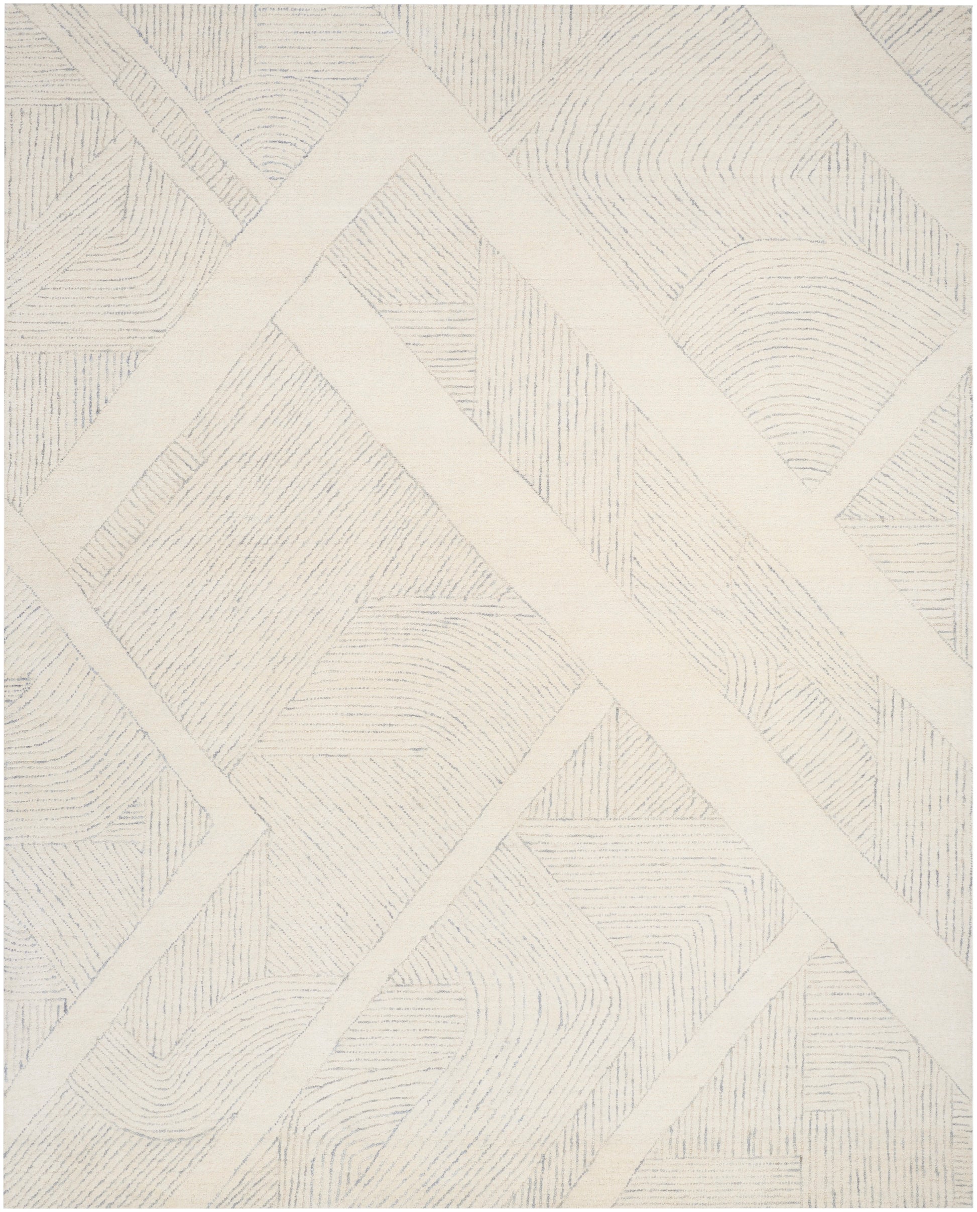 Cream flat-weave rug with pale blue-gray geometric blocks and diagonal bands for a modern minimalist living room.