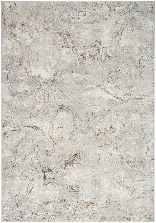 Light gray and ivory marble-pattern area rug with subtle taupe veining; modern abstract style, soft pile.