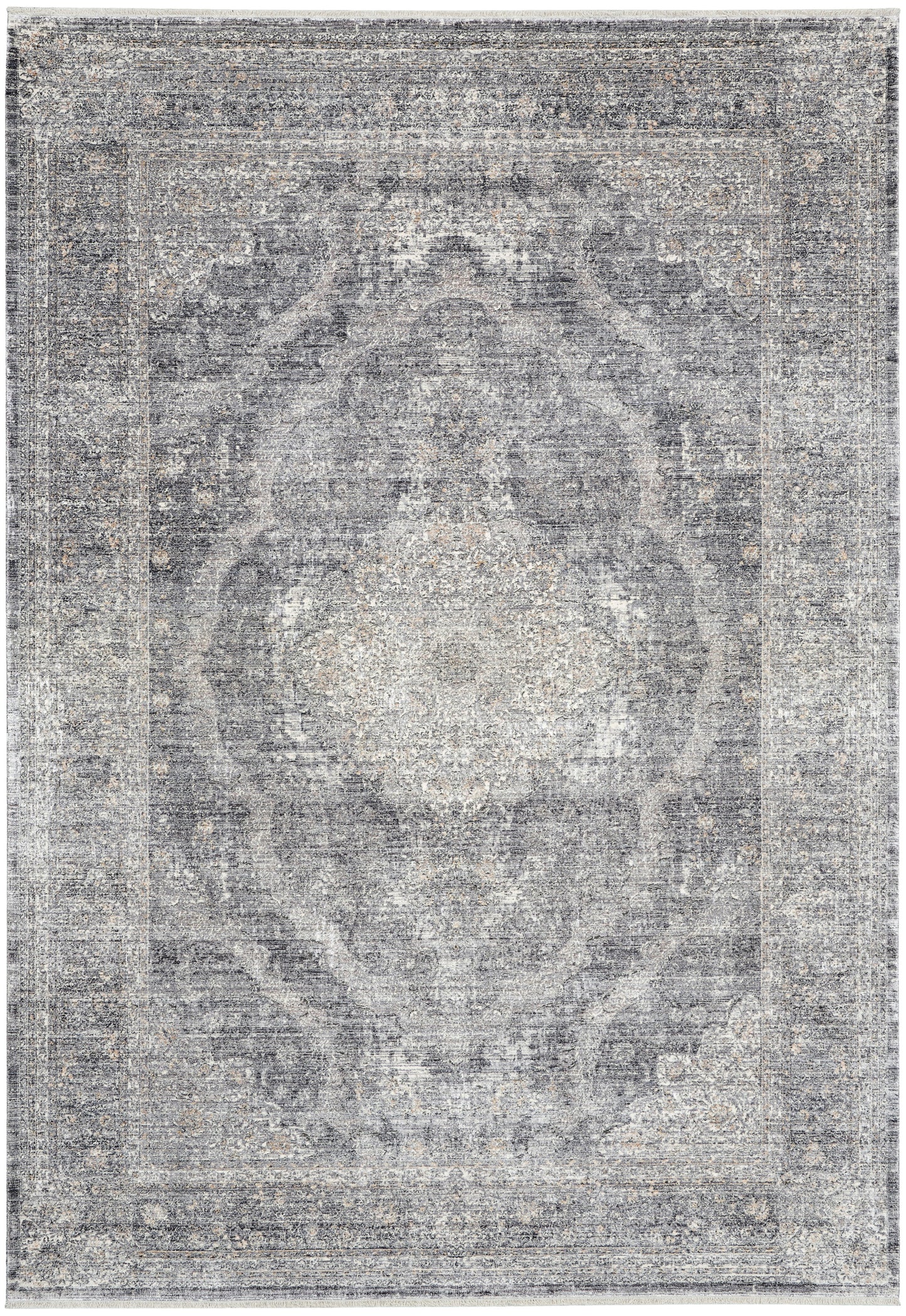 Rectangular vintage-style gray-blue distressed rug with central medallion and ornate border, soft woven texture.