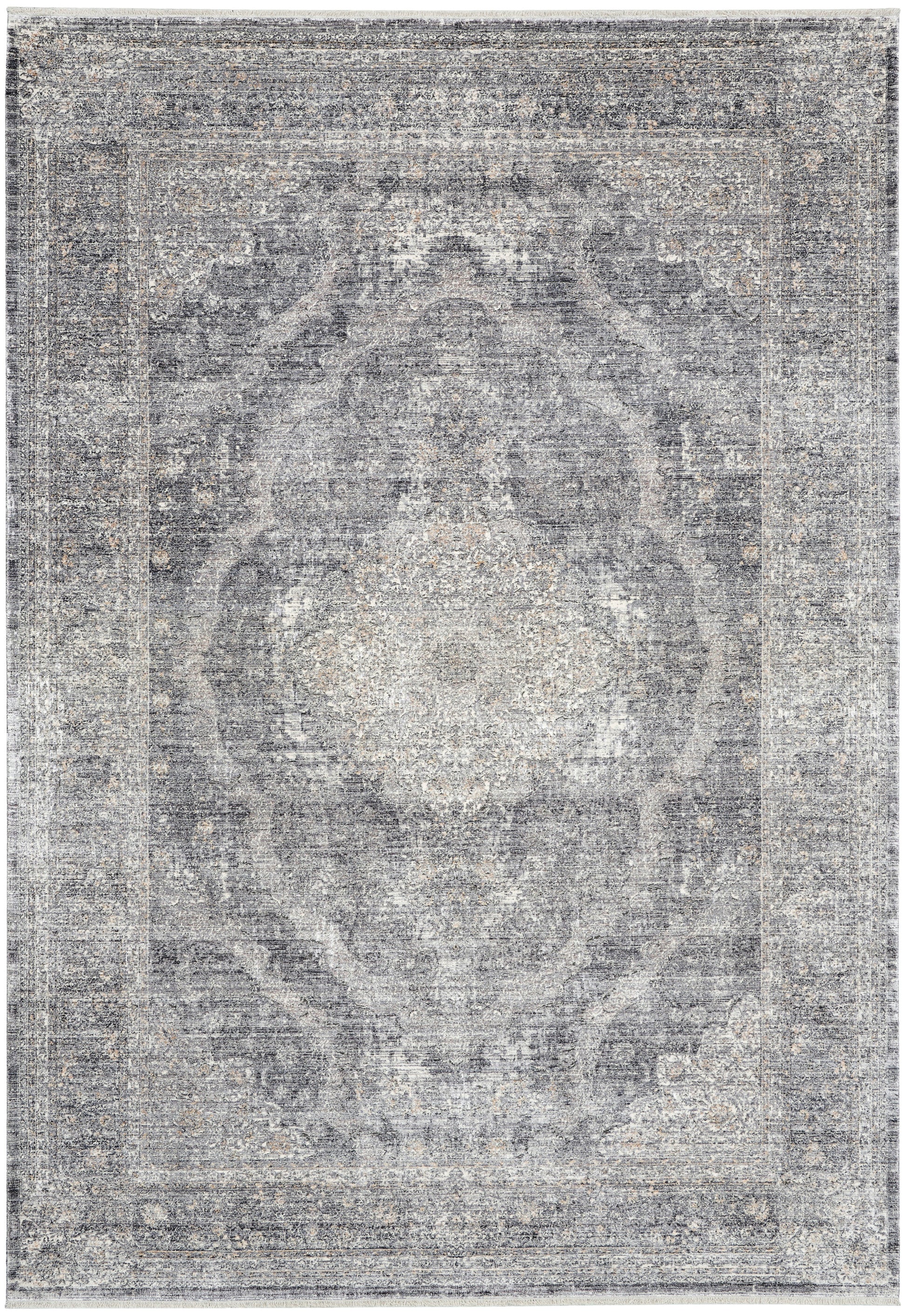 Rectangular vintage-style gray-blue distressed rug with central medallion and ornate border, soft woven texture.