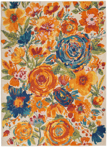 Rectangular floral rug with vivid orange, yellow & blue blossoms on a light beige background; tapestry-style, home decor.