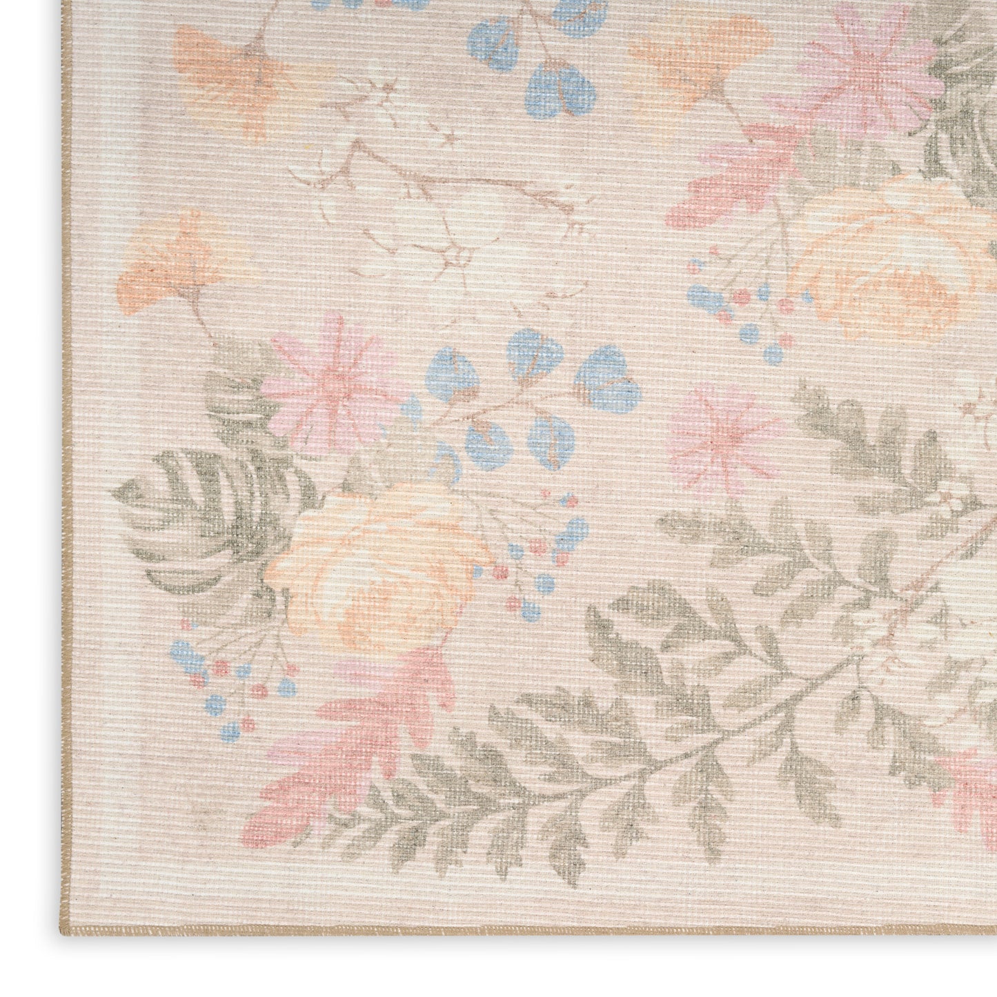 Close-up of pastel floral pattern on light beige rug with pink, peach, blue flowers and gray-green leaves.