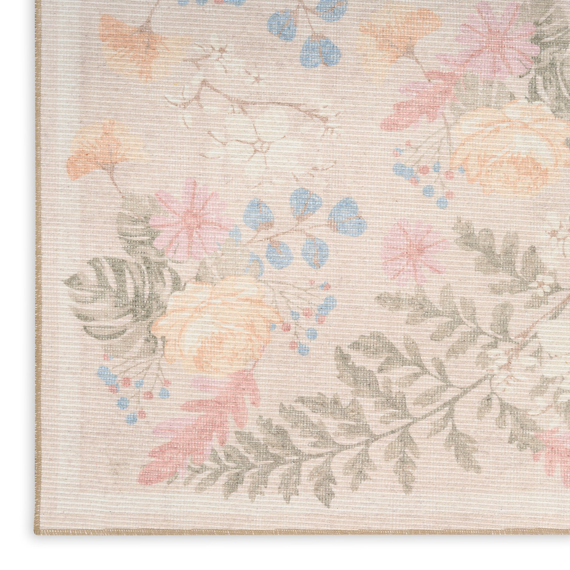 Close-up of pastel floral pattern on light beige rug with pink, peach, blue flowers and gray-green leaves.