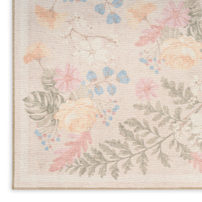 Close-up of pastel floral pattern on light beige rug with pink, peach, blue flowers and gray-green leaves.