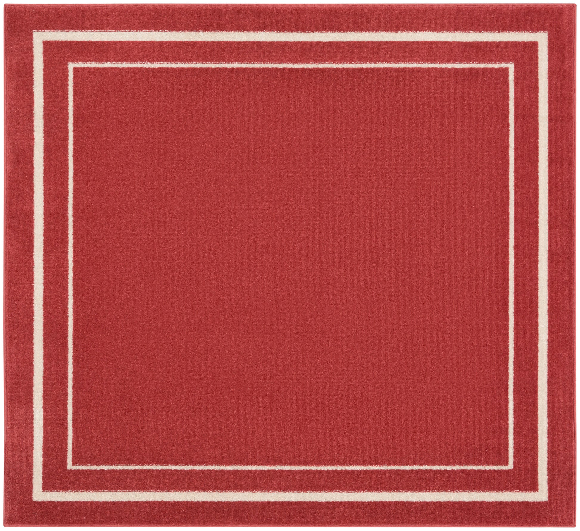 Red square rug with ivory-white nested border rectangles and plush texture.