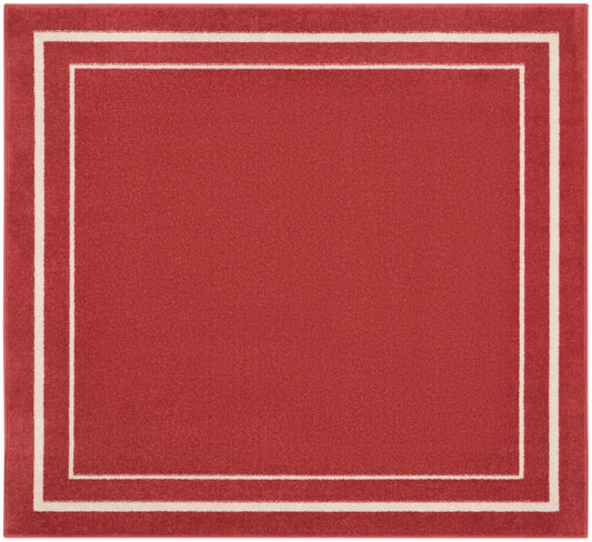 Red square rug with ivory-white nested border rectangles and plush texture.