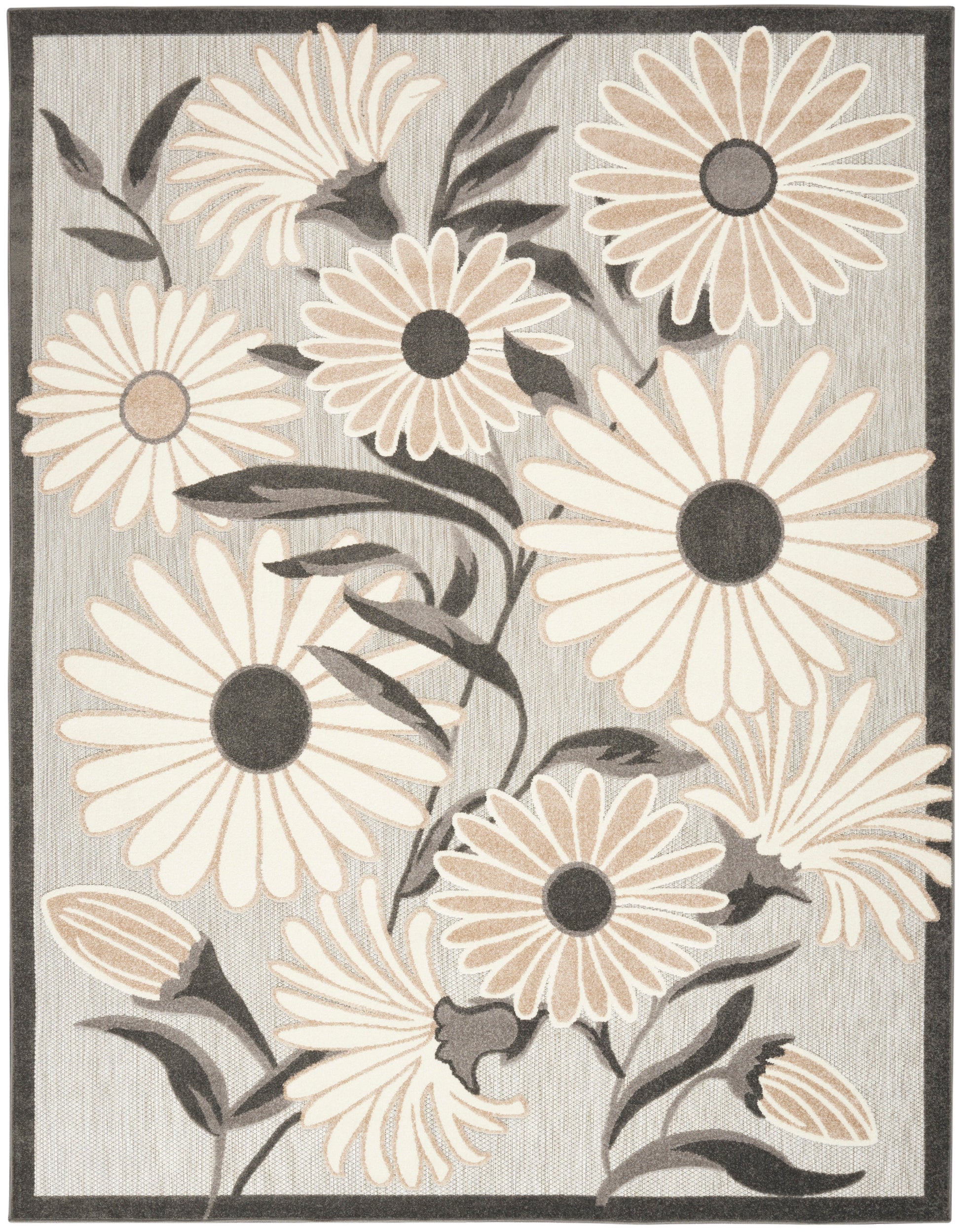 Rectangular area rug featuring large cream and beige daisies on a gray background with dark border and charcoal centers.