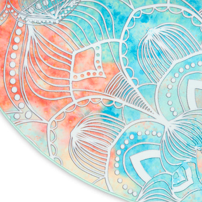 Round rug, 5' diameter, featuring white mandala line art on a pastel watercolor background in orange, pink and blue.
