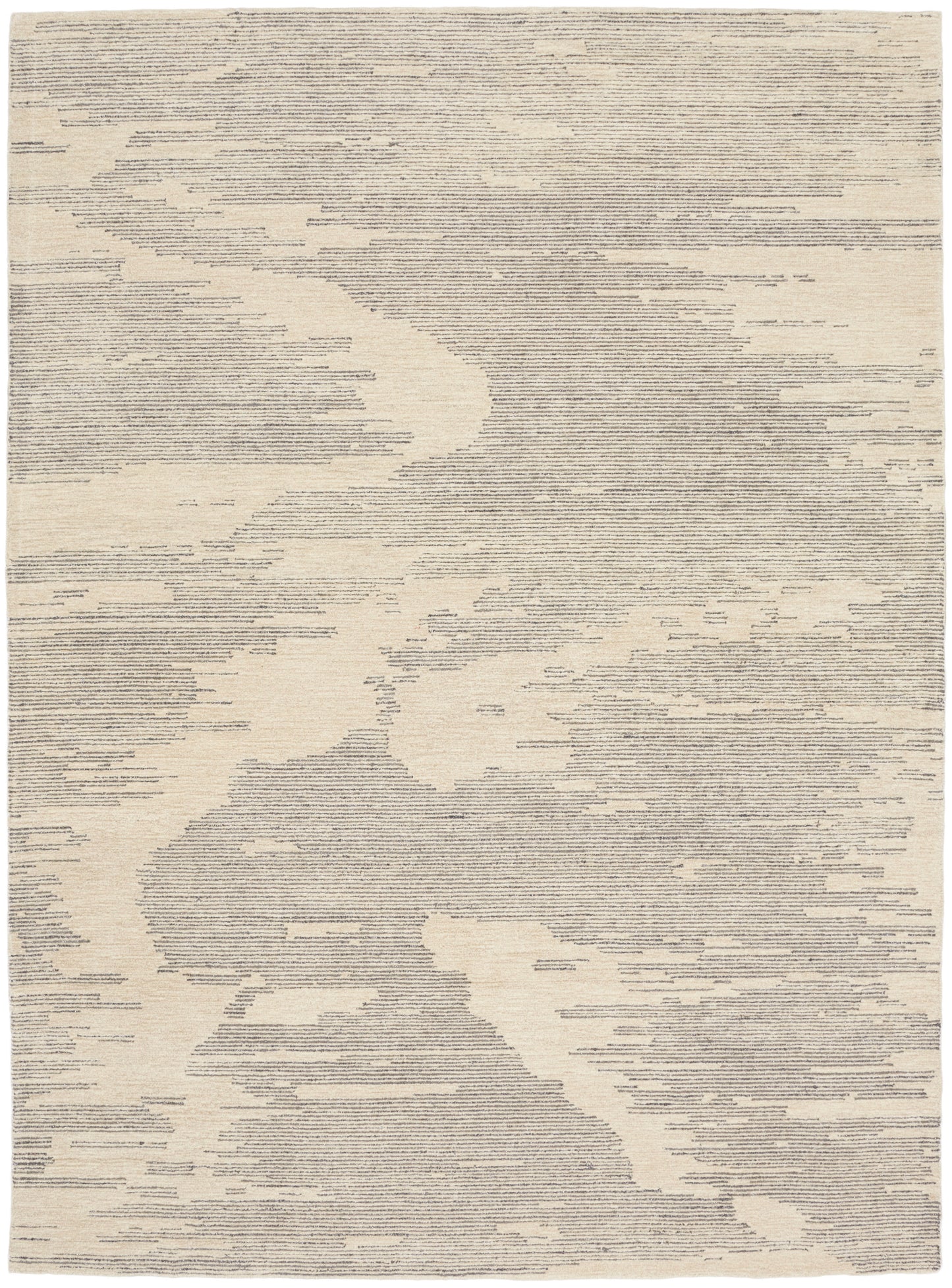 Beige woven rug with abstract gray linear pattern resembling clouds, rectangular floor decor.