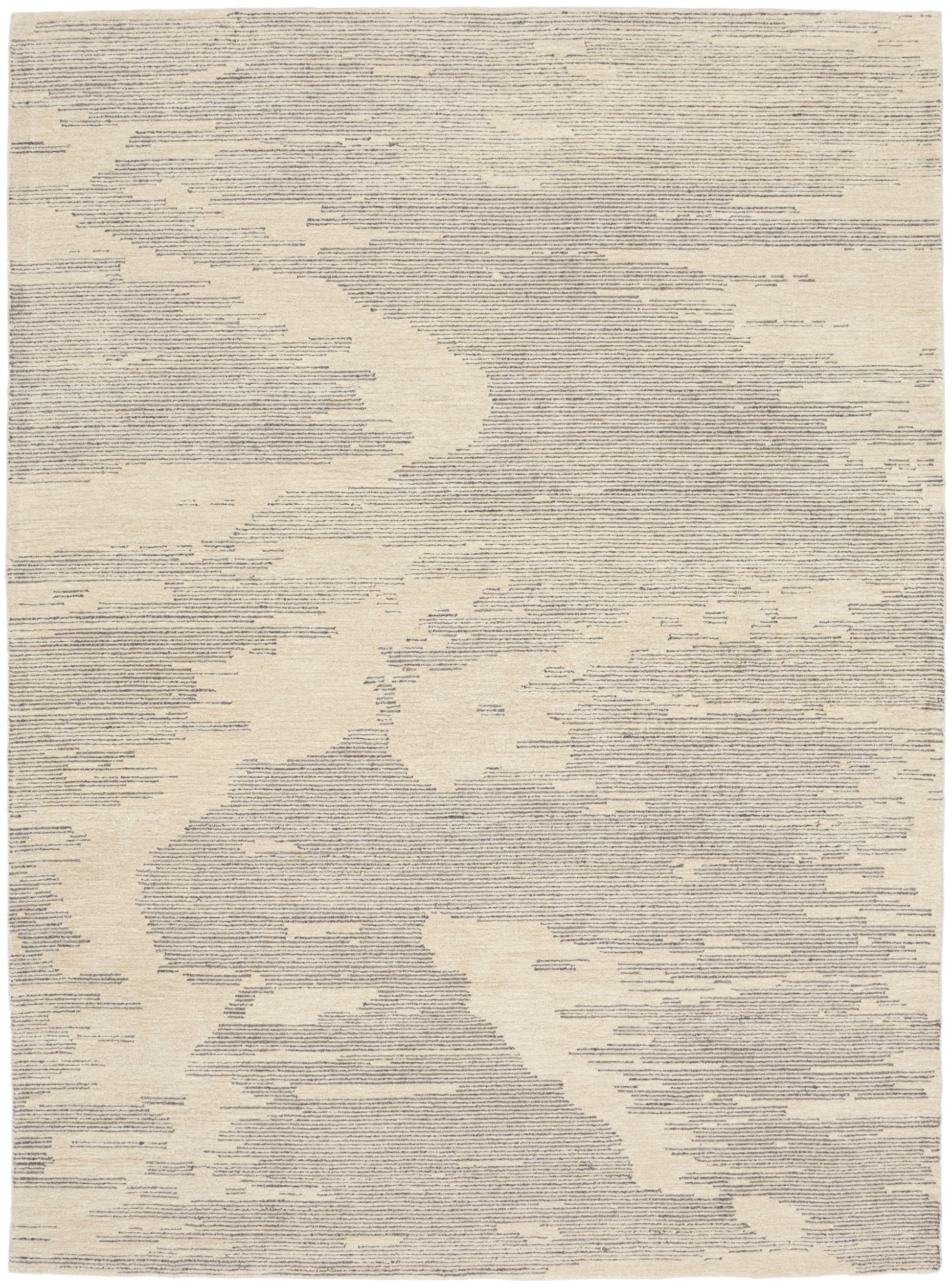 Beige woven rug with abstract gray linear pattern resembling clouds, rectangular floor decor.