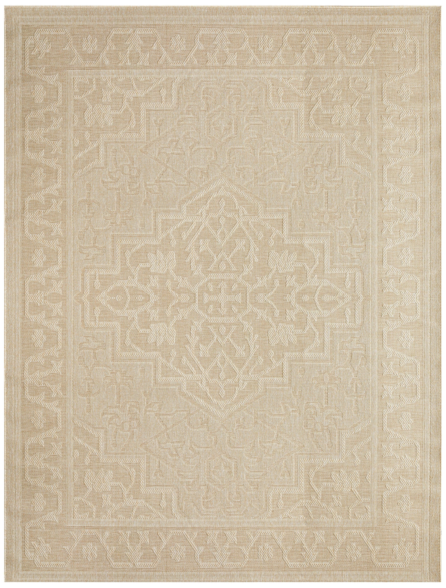 Neutral beige area rug with subtle ivory central medallion and geometric border.