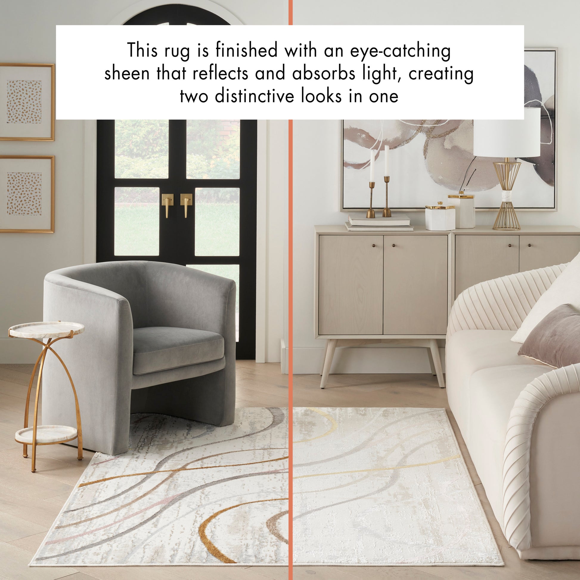 Split-view modern living room with abstract rug in tan and gold lines, grey armchair, beige sofa, and gold accents.