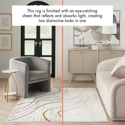 Split-view modern living room with abstract rug in tan and gold lines, grey armchair, beige sofa, and gold accents.
