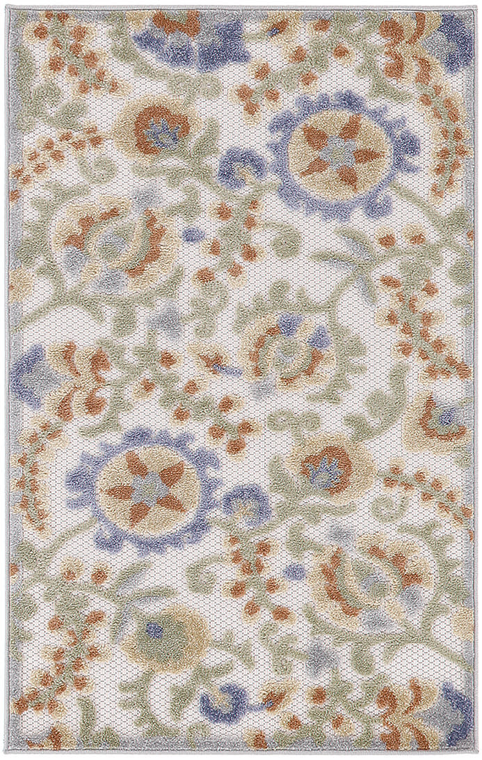 Rectangular cream rug with pastel blue, olive green and orange floral motifs in an ornate traditional pattern.
