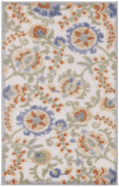 Rectangular cream rug with pastel blue, olive green and orange floral motifs in an ornate traditional pattern.