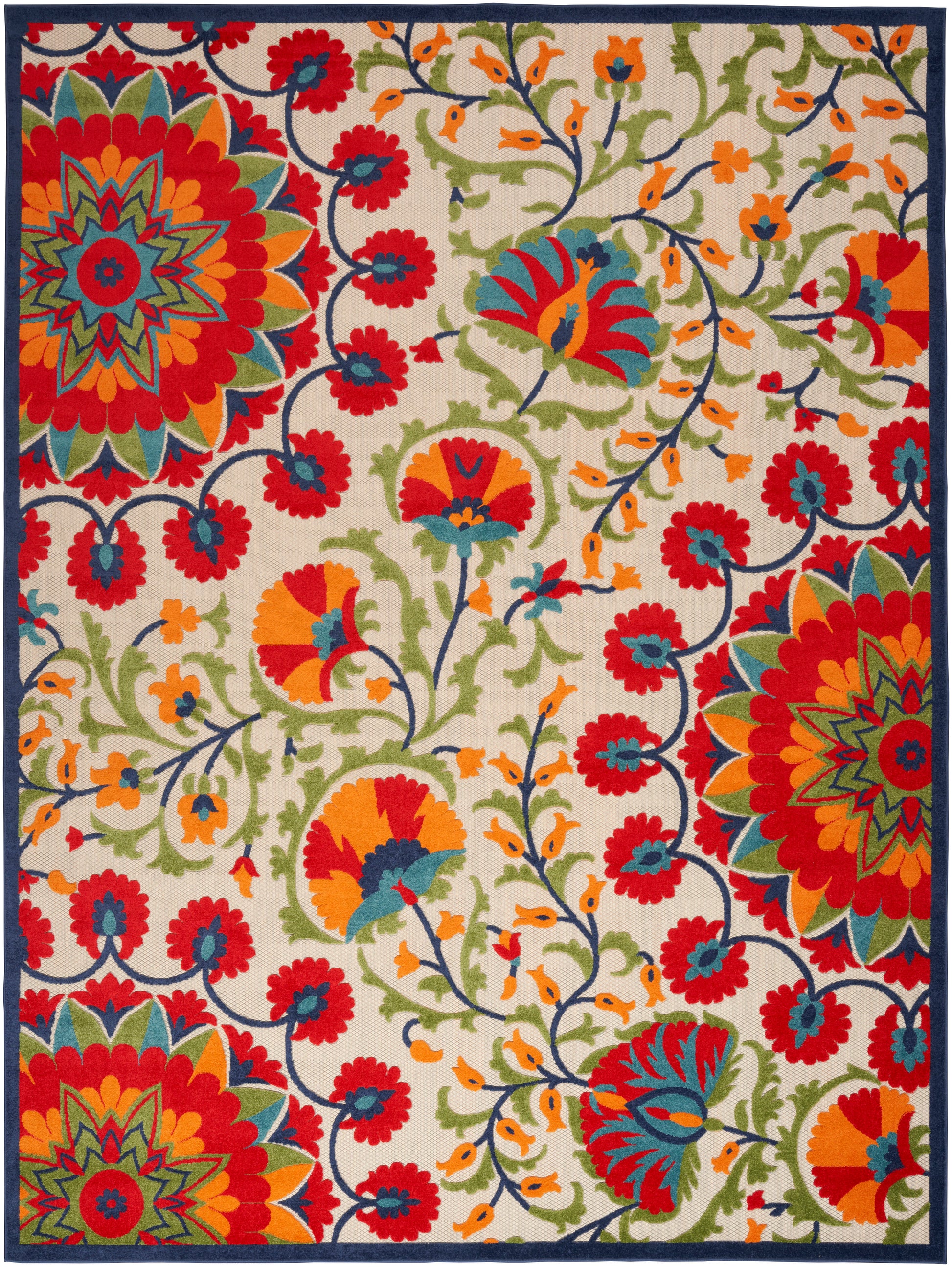 Vibrant floral area rug with red, orange, teal and lime petals on cream background and navy border.