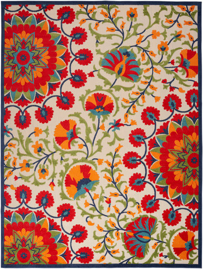 Vibrant floral area rug with red, orange, teal and lime petals on cream background and navy border.