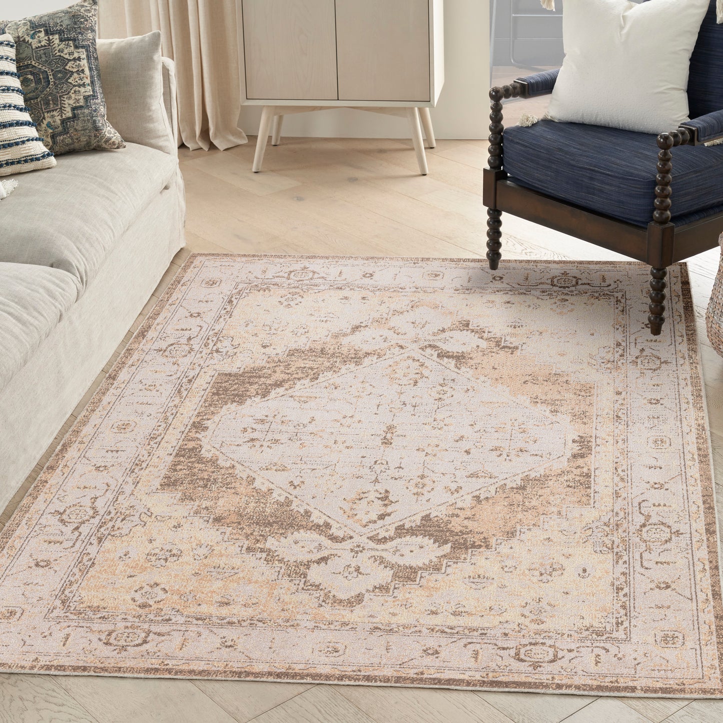 Beige oriental area rug with a central warm brown medallion and ornate border in a light, cozy living room.