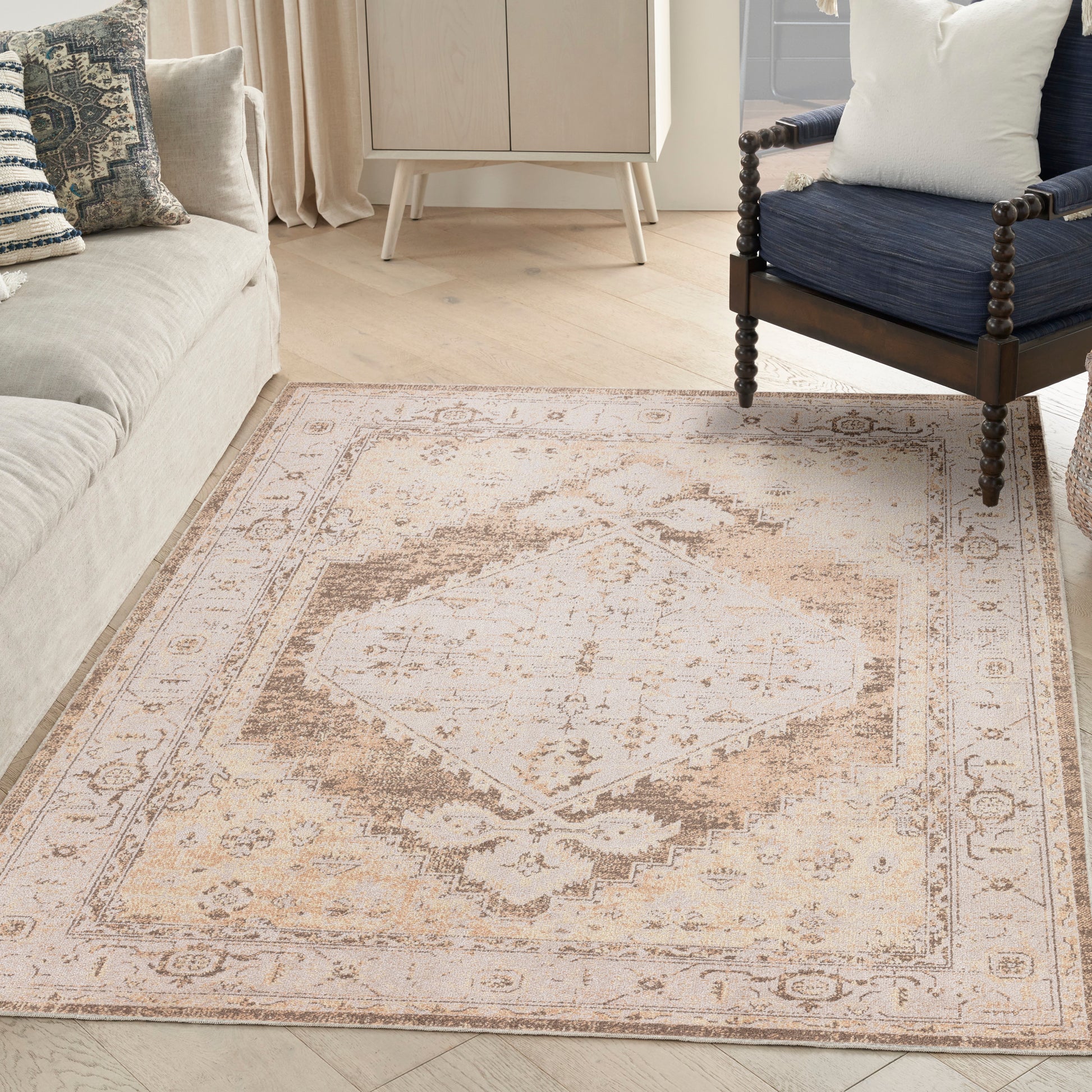 Beige oriental area rug with a central warm brown medallion and ornate border in a light, cozy living room.