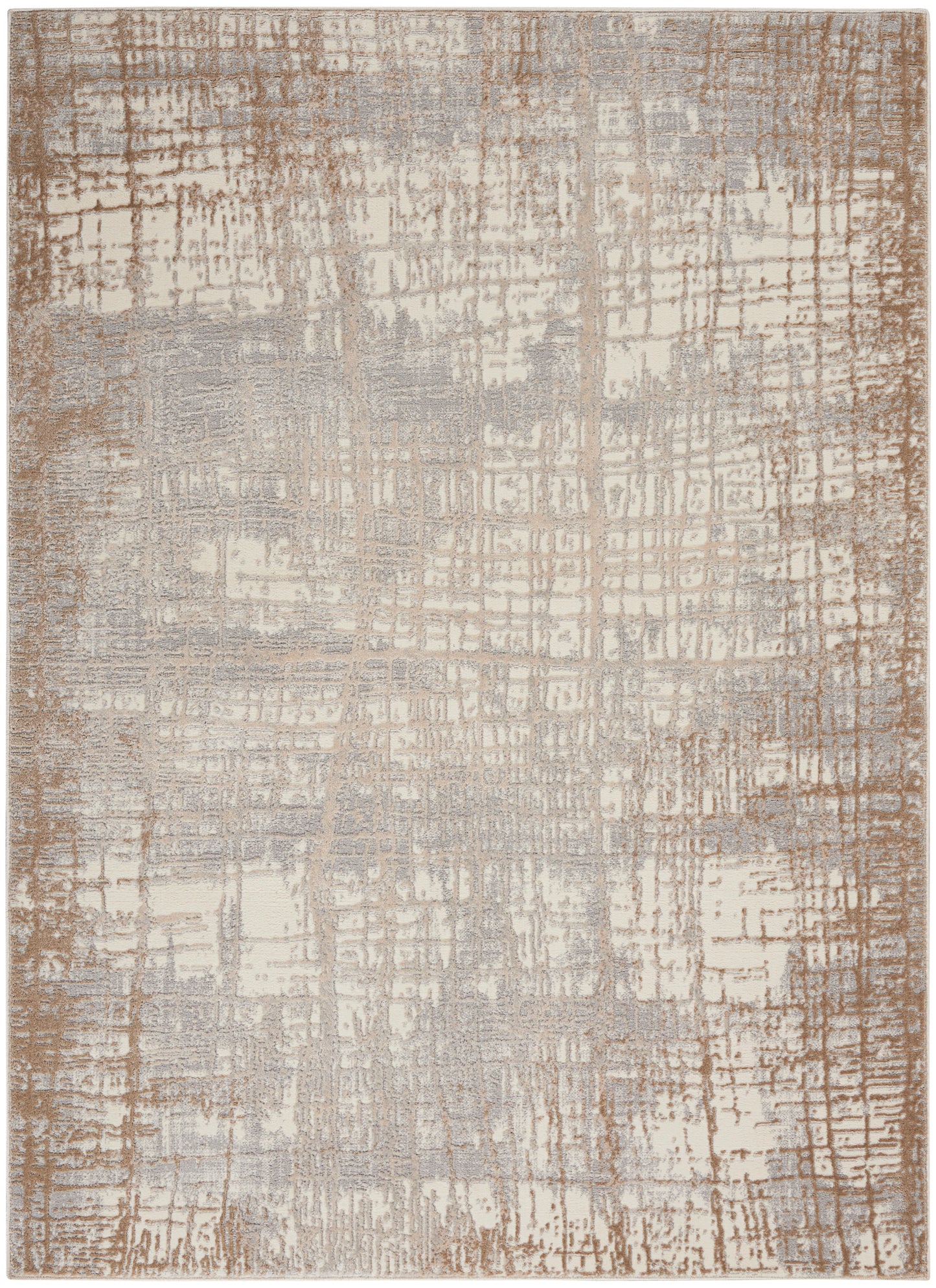 Rectangular area rug with abstract grid pattern in beige, taupe and gray; distressed, modern textured look.