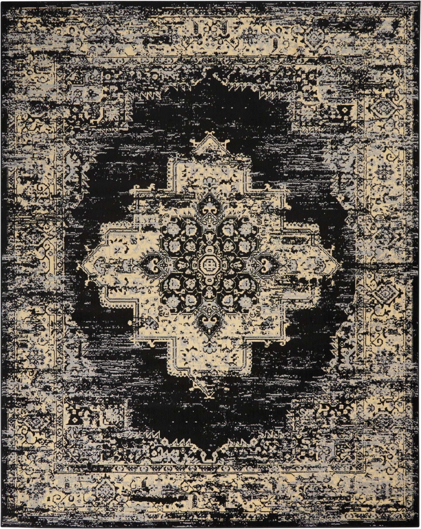 Distressed oriental area rug with black central field, beige/ivory medallion and border, ornate floral motifs.