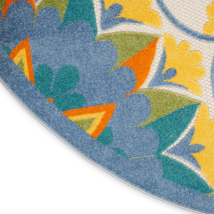 Round woven rug with vibrant tropical floral print in blue, teal, yellow, orange and green.