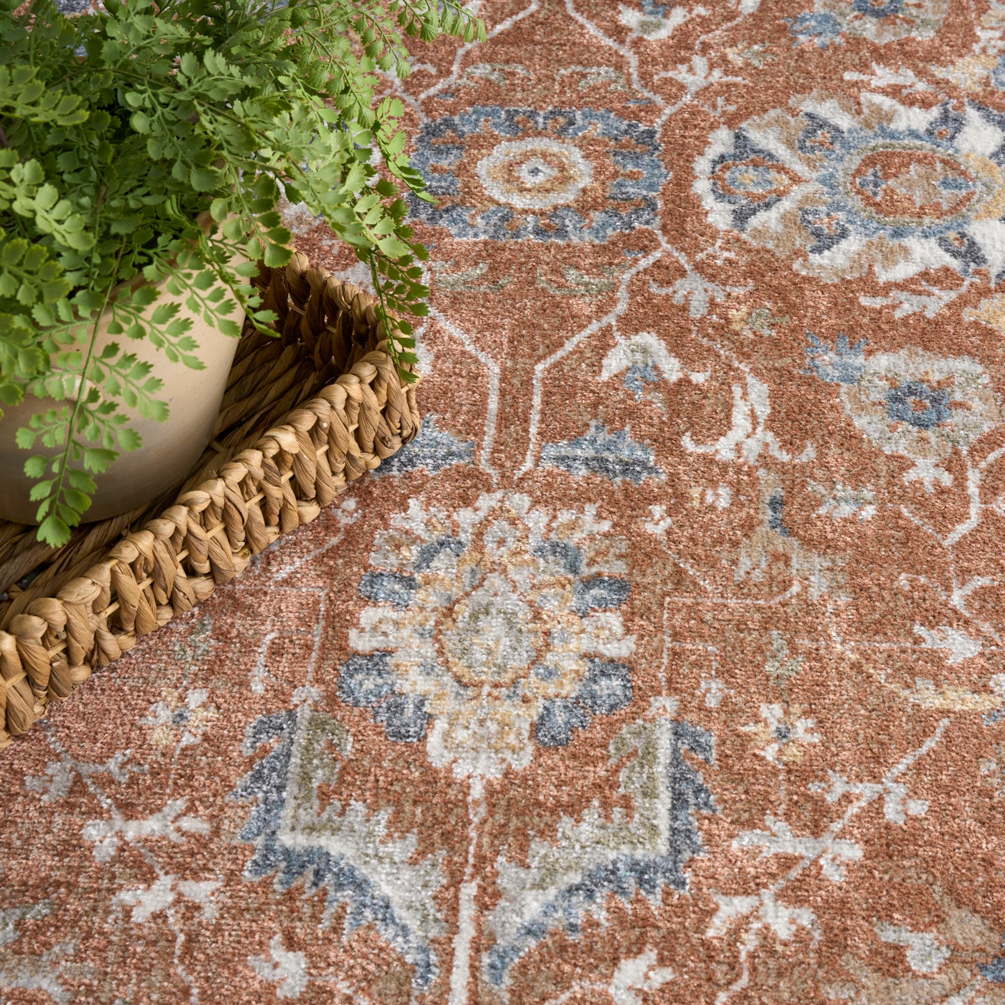 Rust brown oriental rug with blue and ivory floral medallions; potted green fern on a woven wicker tray.