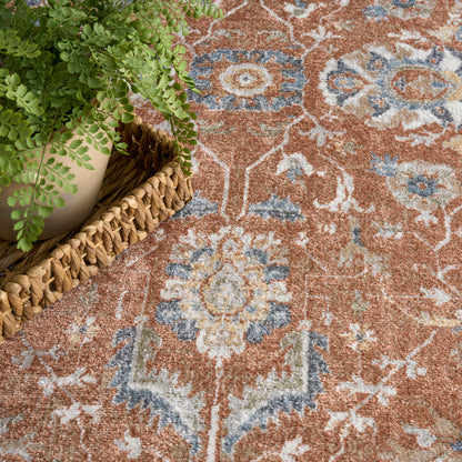 Rust brown oriental rug with blue and ivory floral medallions; potted green fern on a woven wicker tray.