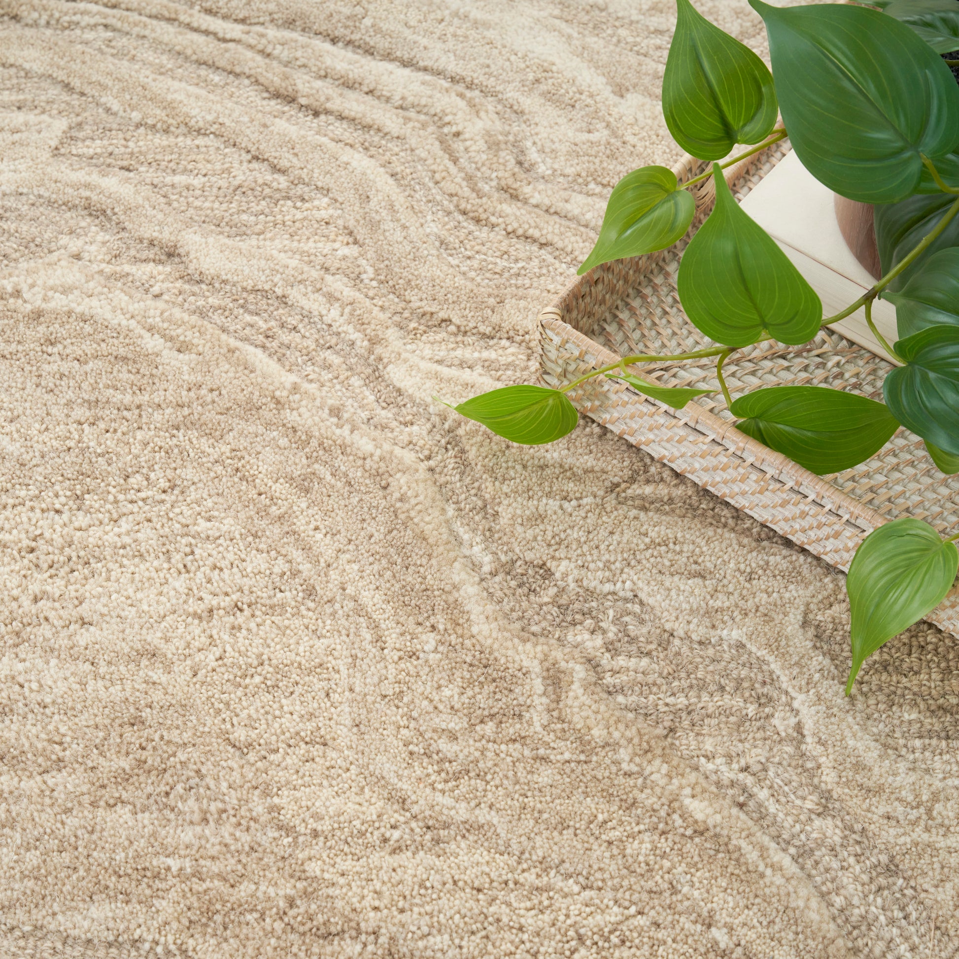 Beige rug with a subtle swirling pattern.