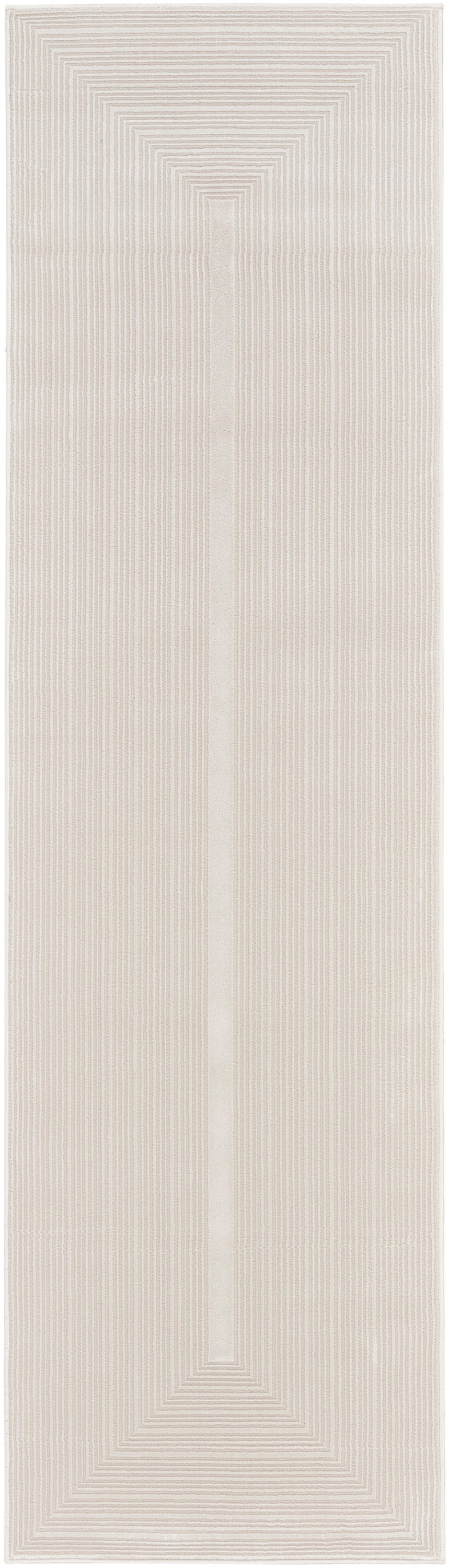 Cream-beige flat-weave runner rug with embossed concentric rectangle patterns for a modern geometric hallway look.