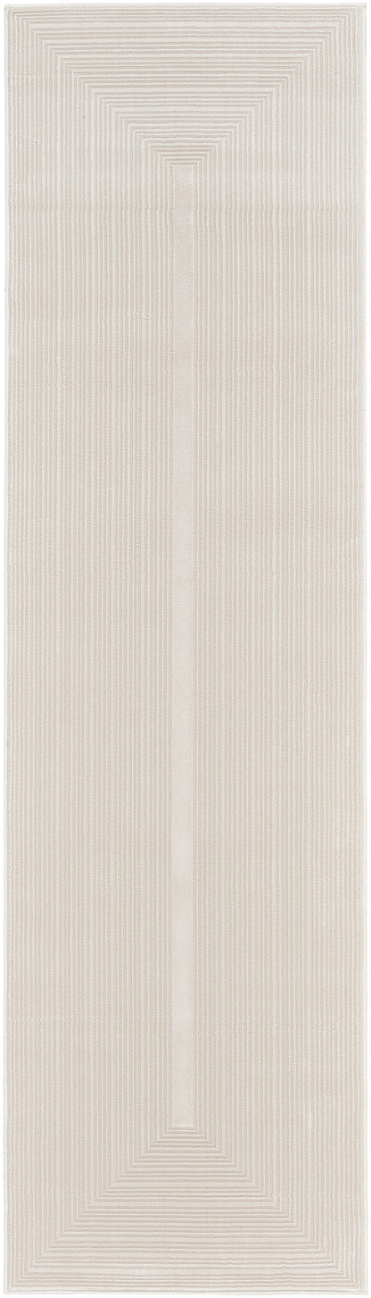 Cream-beige flat-weave runner rug with embossed concentric rectangle patterns for a modern geometric hallway look.