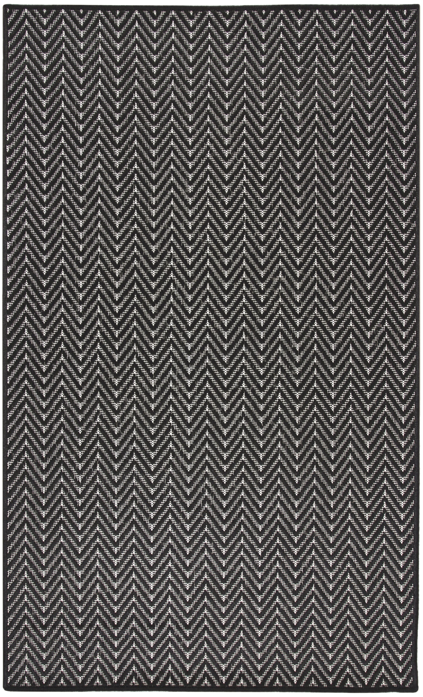 Rectangular black and white chevron rug with textured woven pattern for modern decor.