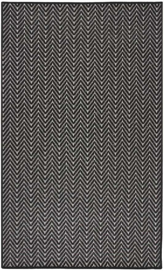 Rectangular black and white chevron rug with textured woven pattern for modern decor.