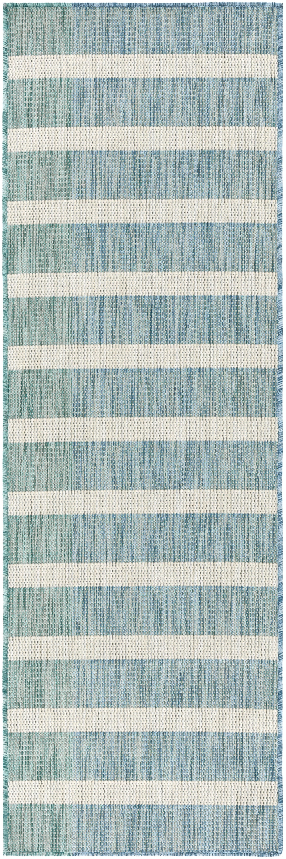 Teal and blue striped woven runner rug with white stripes and a textured surface.