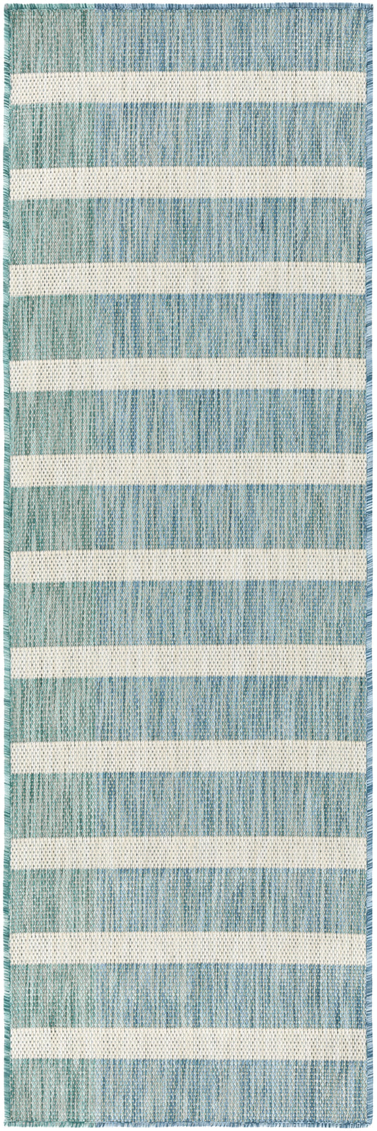 Teal and blue striped woven runner rug with white stripes and a textured surface.