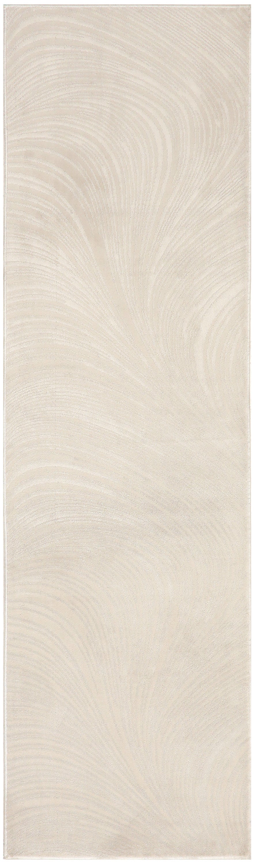 Beige textured rug runner with a subtle cream swirl pattern; long floor covering for hallways or living spaces, 8' long.