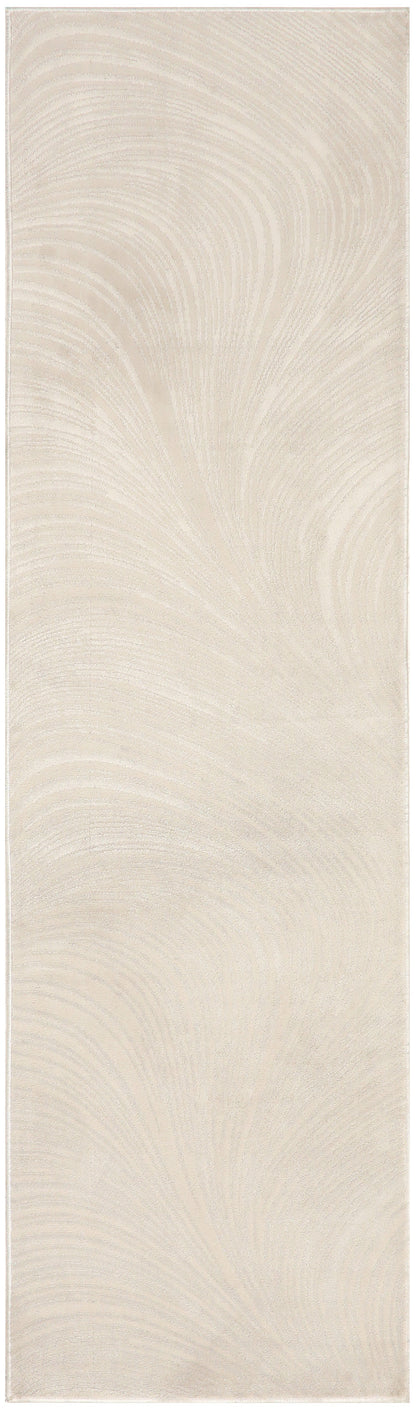 Beige textured rug runner with a subtle cream swirl pattern; long floor covering for hallways or living spaces, 8' long.