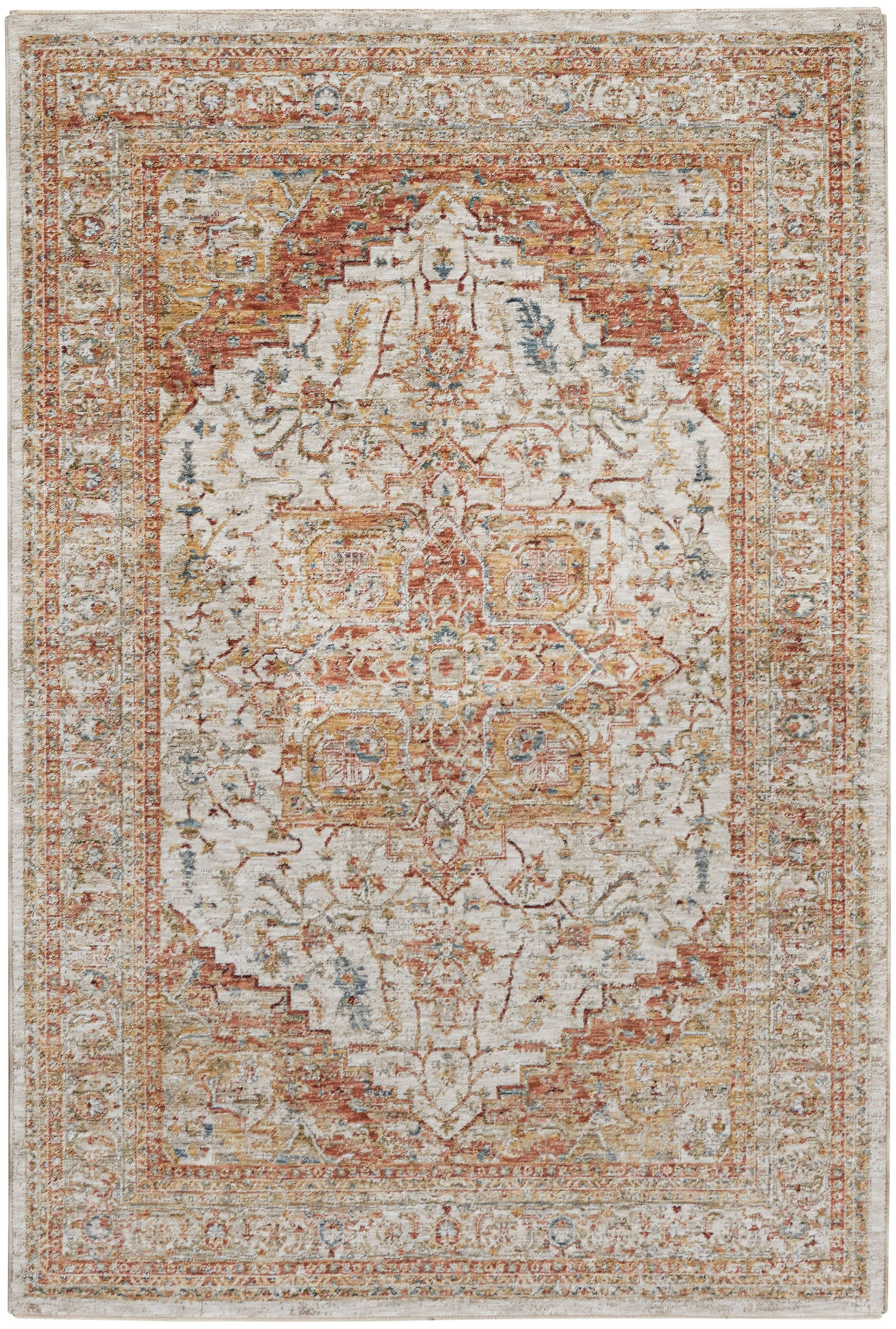 Vintage-inspired Persian-style area rug with distressed ivory, rust and gold tones with blue accents.