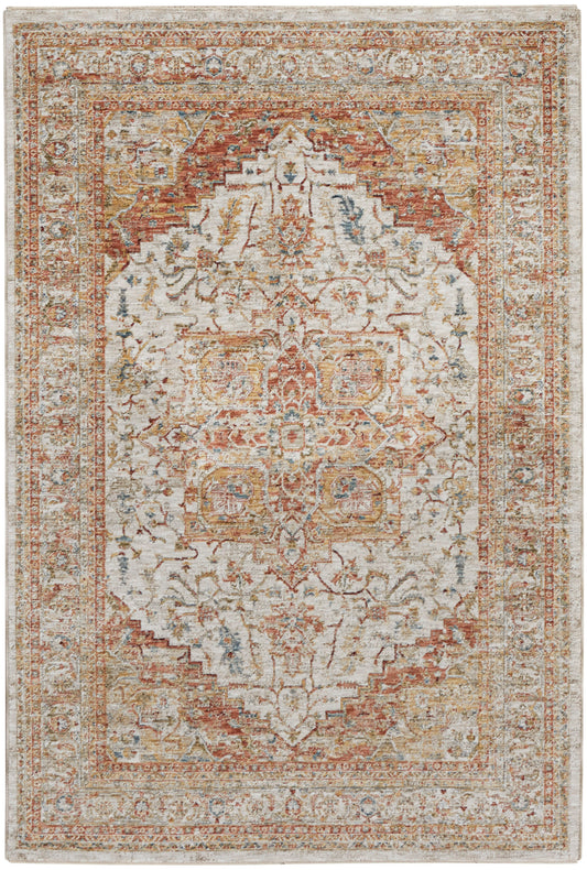 Vintage-inspired Persian-style area rug with distressed ivory, rust and gold tones with blue accents.