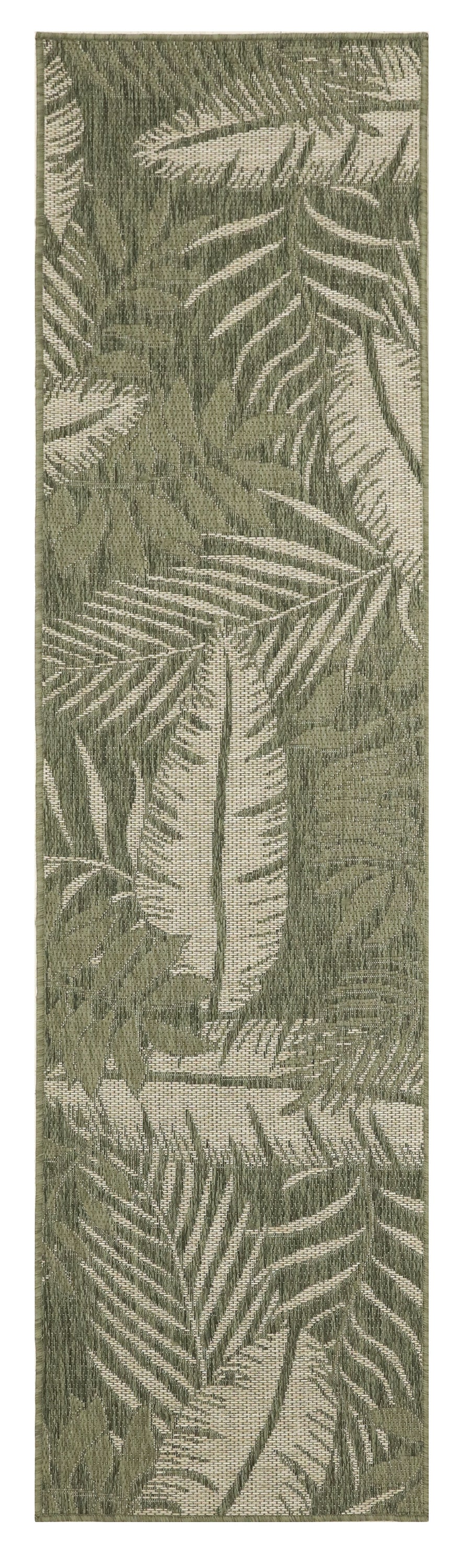 Outdoor 8' runner rug with a long narrow strip featuring an olive-green and beige palm/fern leaf pattern.