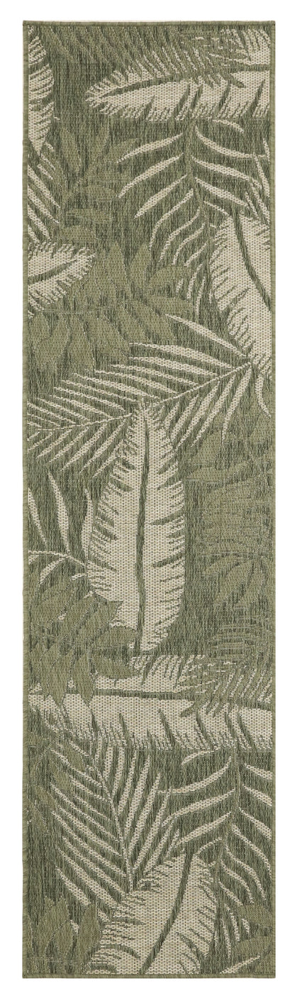 Outdoor 8' runner rug with a long narrow strip featuring an olive-green and beige palm/fern leaf pattern.