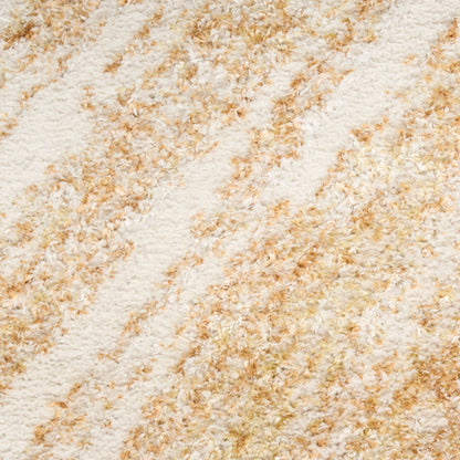Close-up of a beige cream shag rug with tan flecks and a soft textured pile for living room decor.