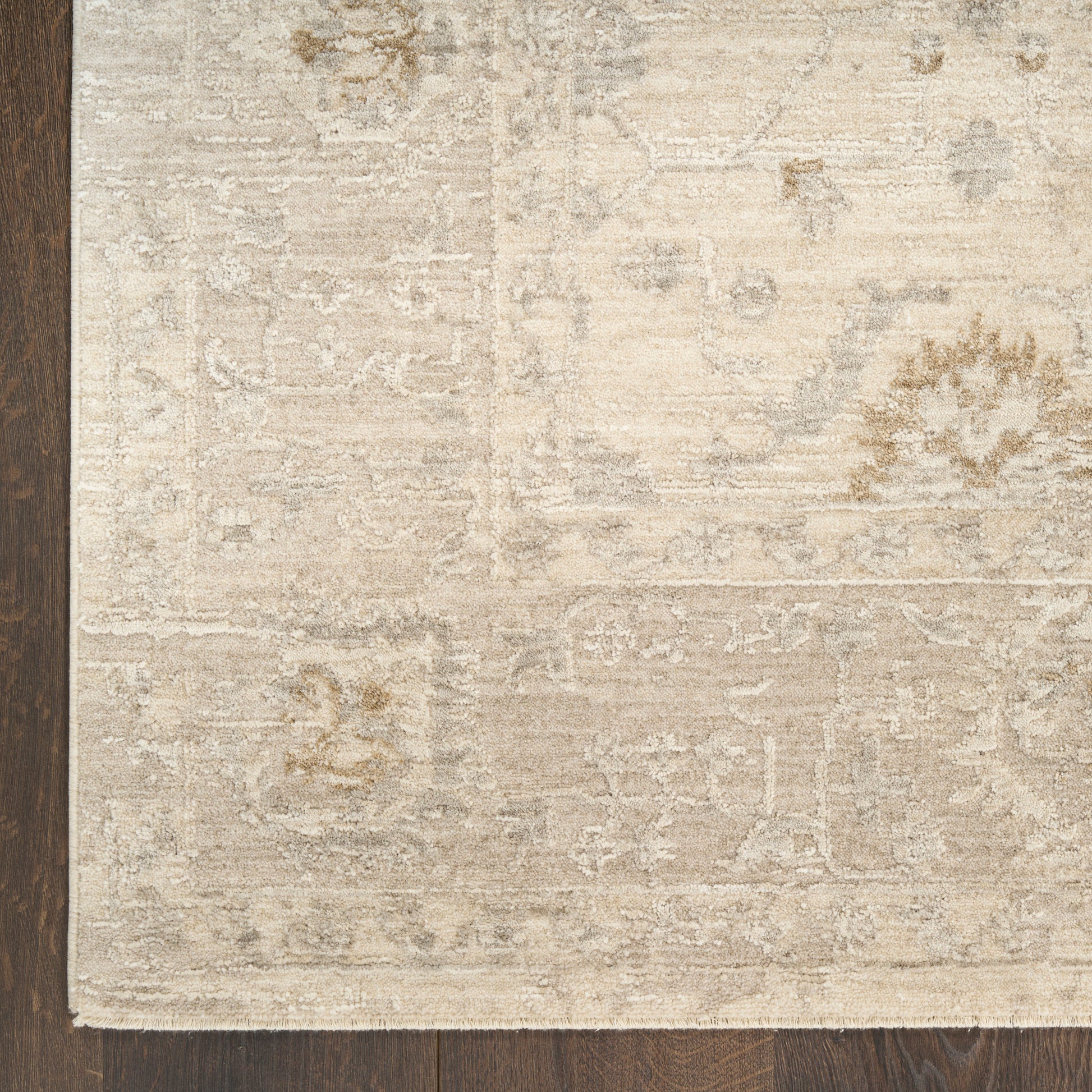 Beige distressed oriental area rug with subtle floral patterns on dark wood floor.