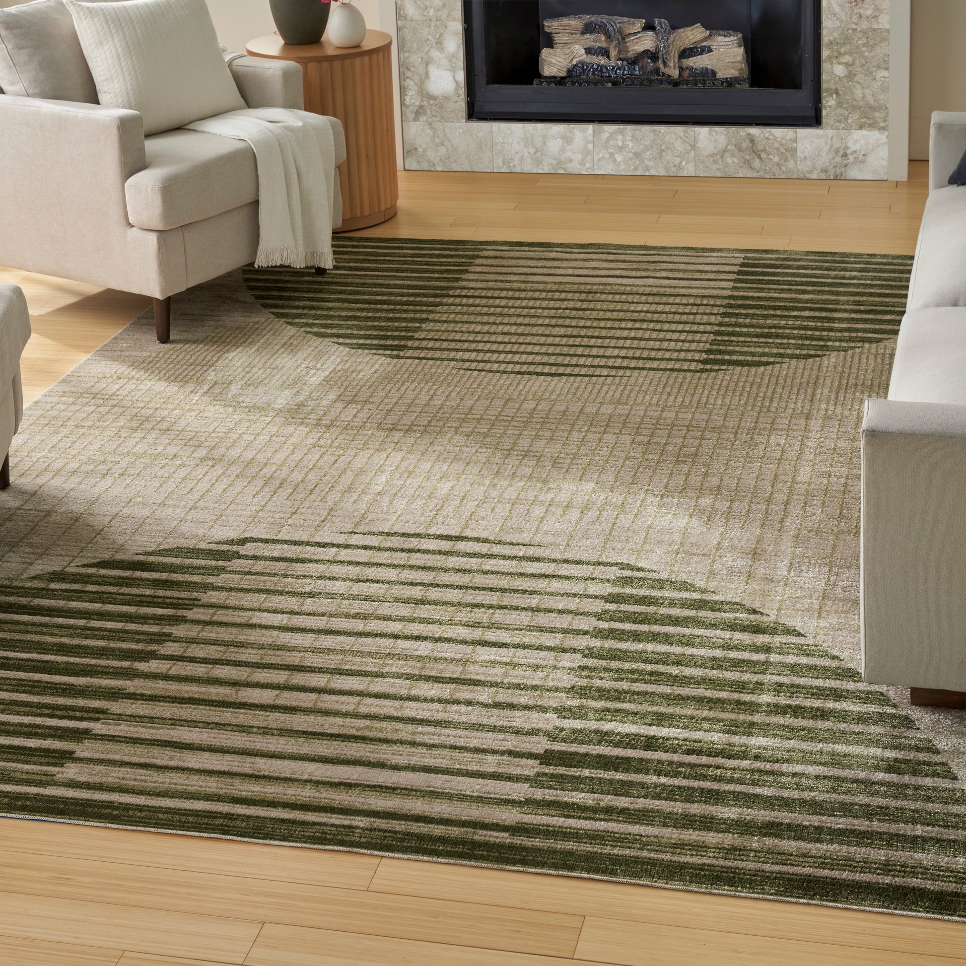 Nourison Astra Machine Washable 8' x 10' ivory olive area rug from Primoends featuring contemporary geometric design, low‑pile polyester and machine washable indoor rug ideal for living room or bedroom décor.