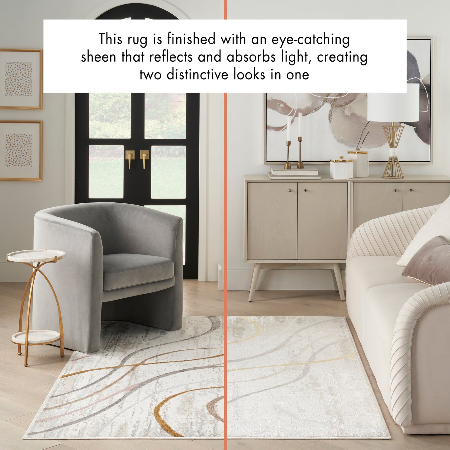 Two-tone rug with dual look: left charcoal-gray with gold curves, right light ivory with subtle lines.