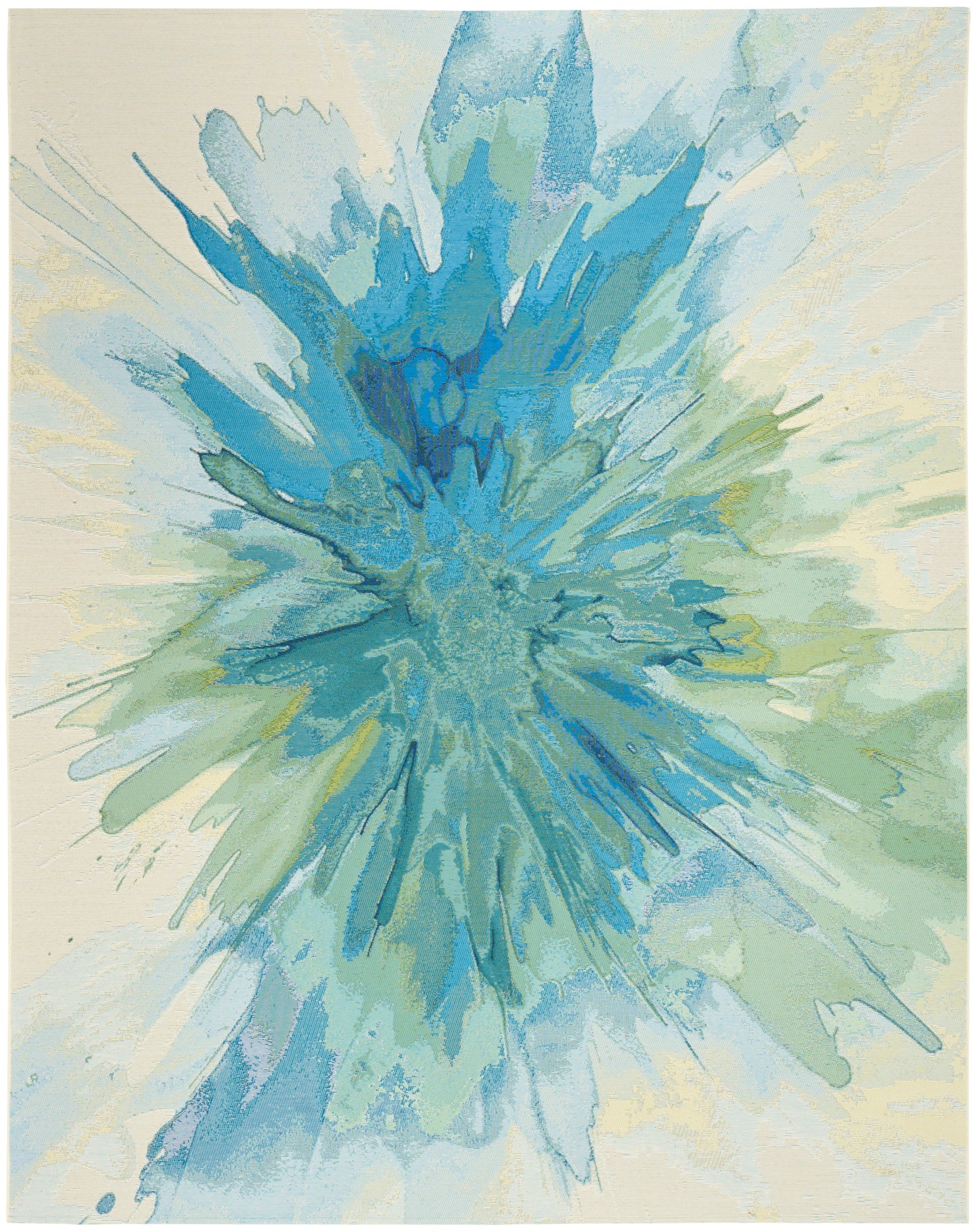 Abstract watercolor splash in blues & greens, radiating burst on pale cream background