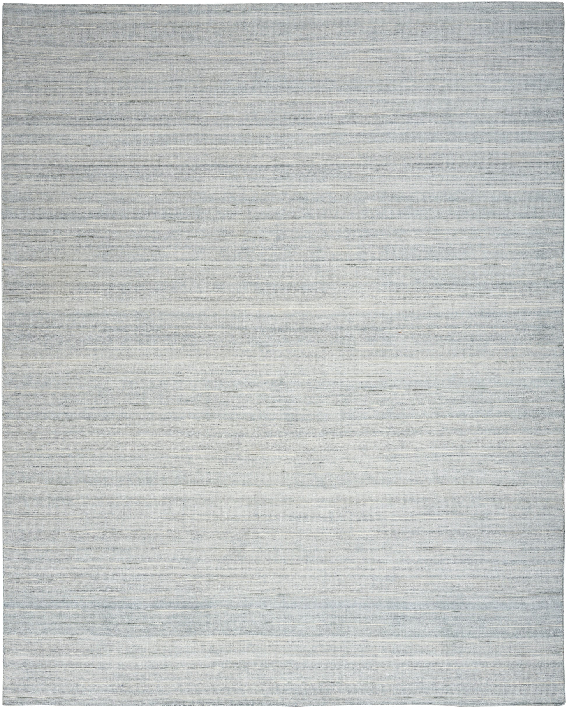 Light blue-gray area rug with subtle horizontal stripes and soft woven texture.