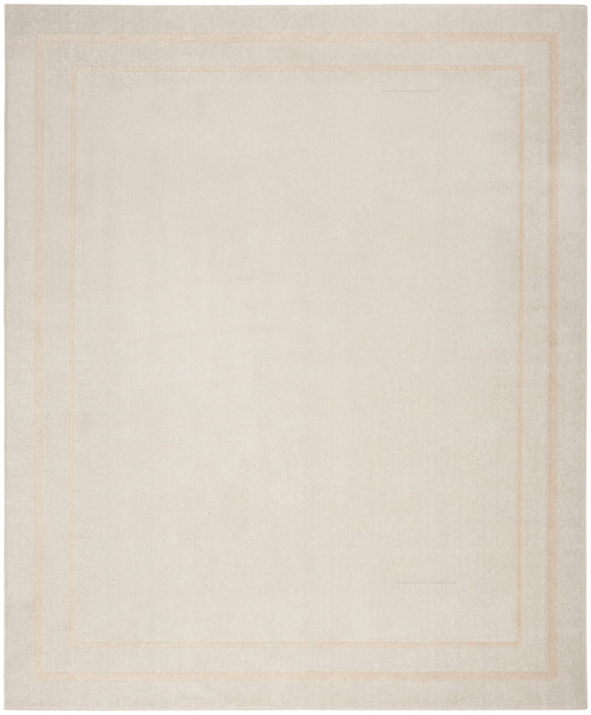 Beige rectangular rug with pale tan triple border, soft woven texture, minimalist modern style for living rooms.